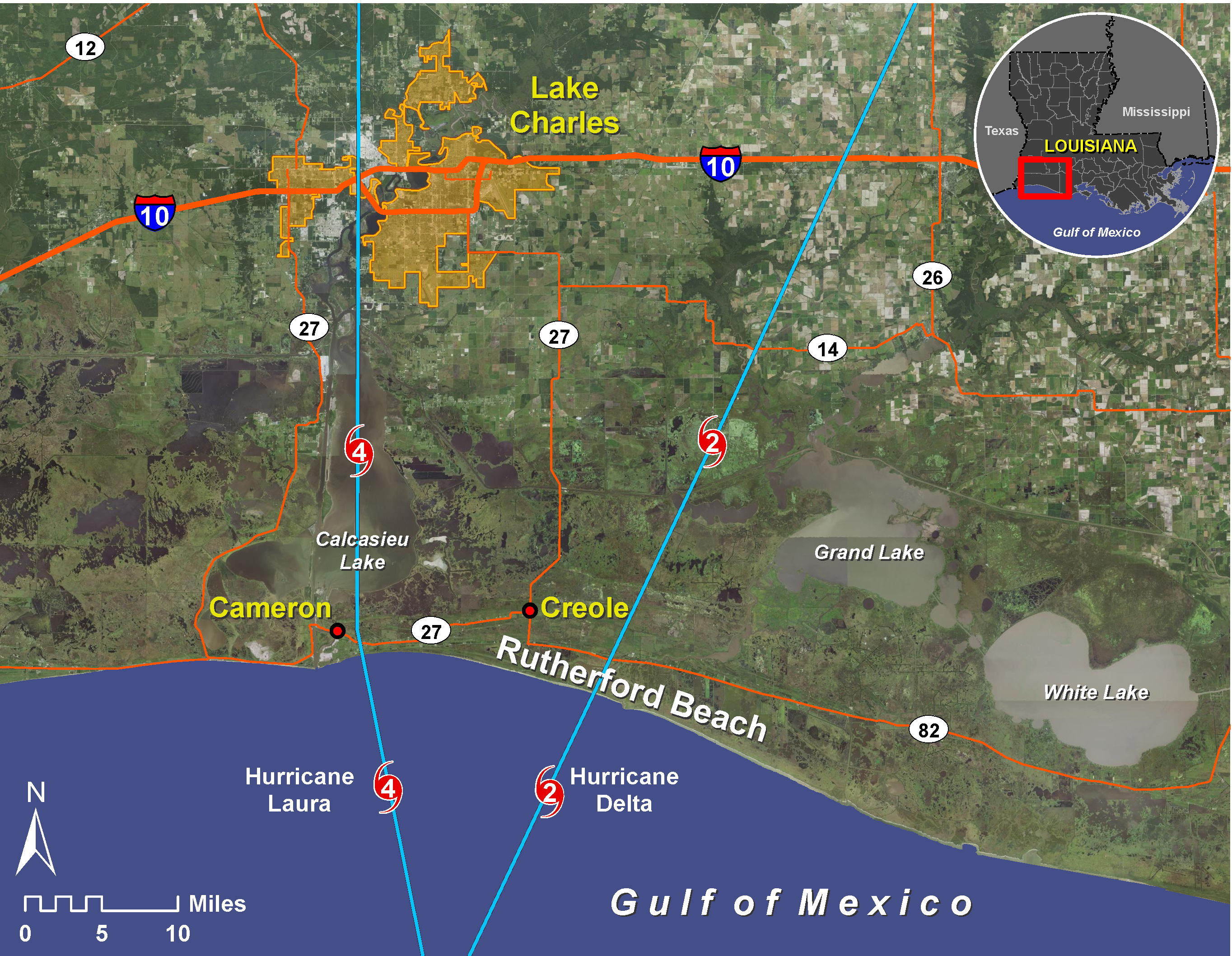 Location of Rutherford Beach in southwest Louisiana, along with the paths of hurricanes Laura and Delta. Lindsay Nakashima/Audubon Louisiana