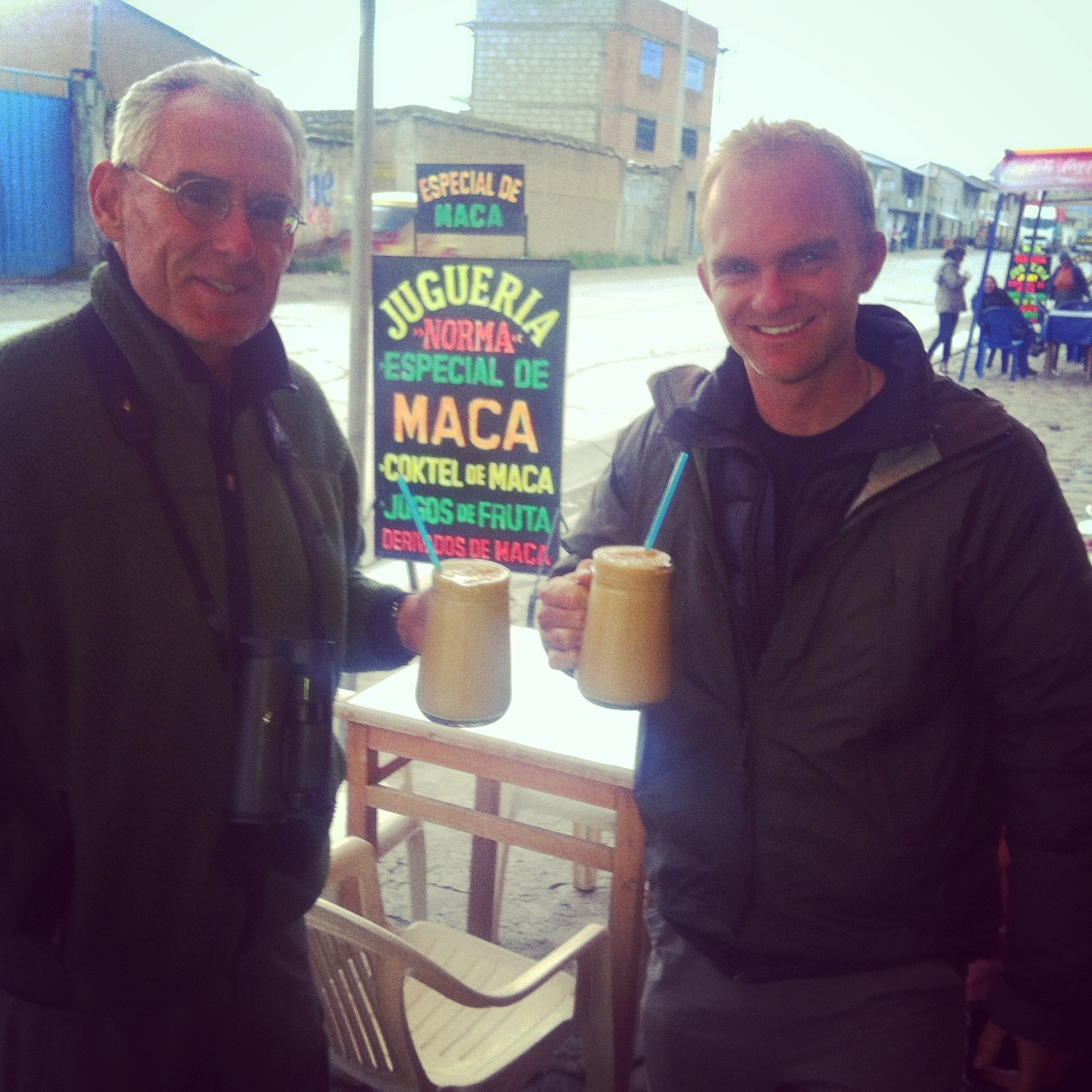 Glenn and Noah share maca cocktails in the central Peruvian highlands after a long day of birding. Noah Strycker
