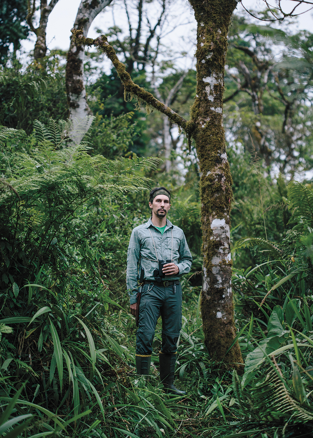 Years of bird work in the Amazon taught Luke Powell (above) to carry a machete in tropical forests and to put his binoculars on a rope harness, which reduces bounce when navigating rough terrain. Tristan Spinski