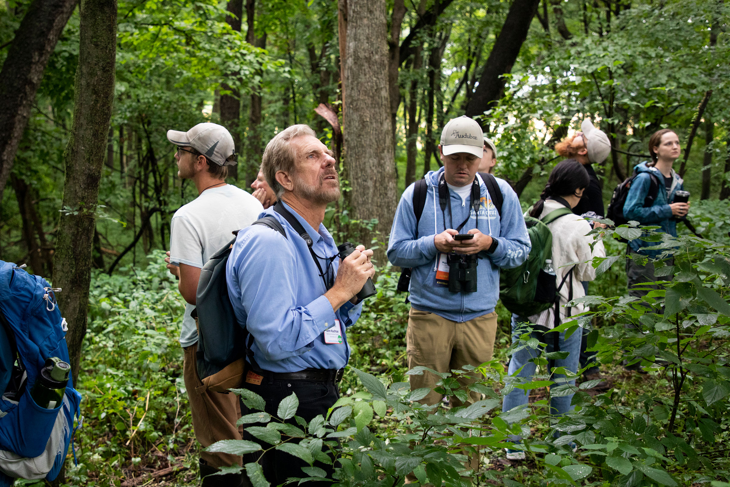 Kenn Kaufman leads a birding trip to Faville Grove Sanctuary outside Madison, Wisconsin during the 2019 Audubon convention. Luke Franke/Audubon