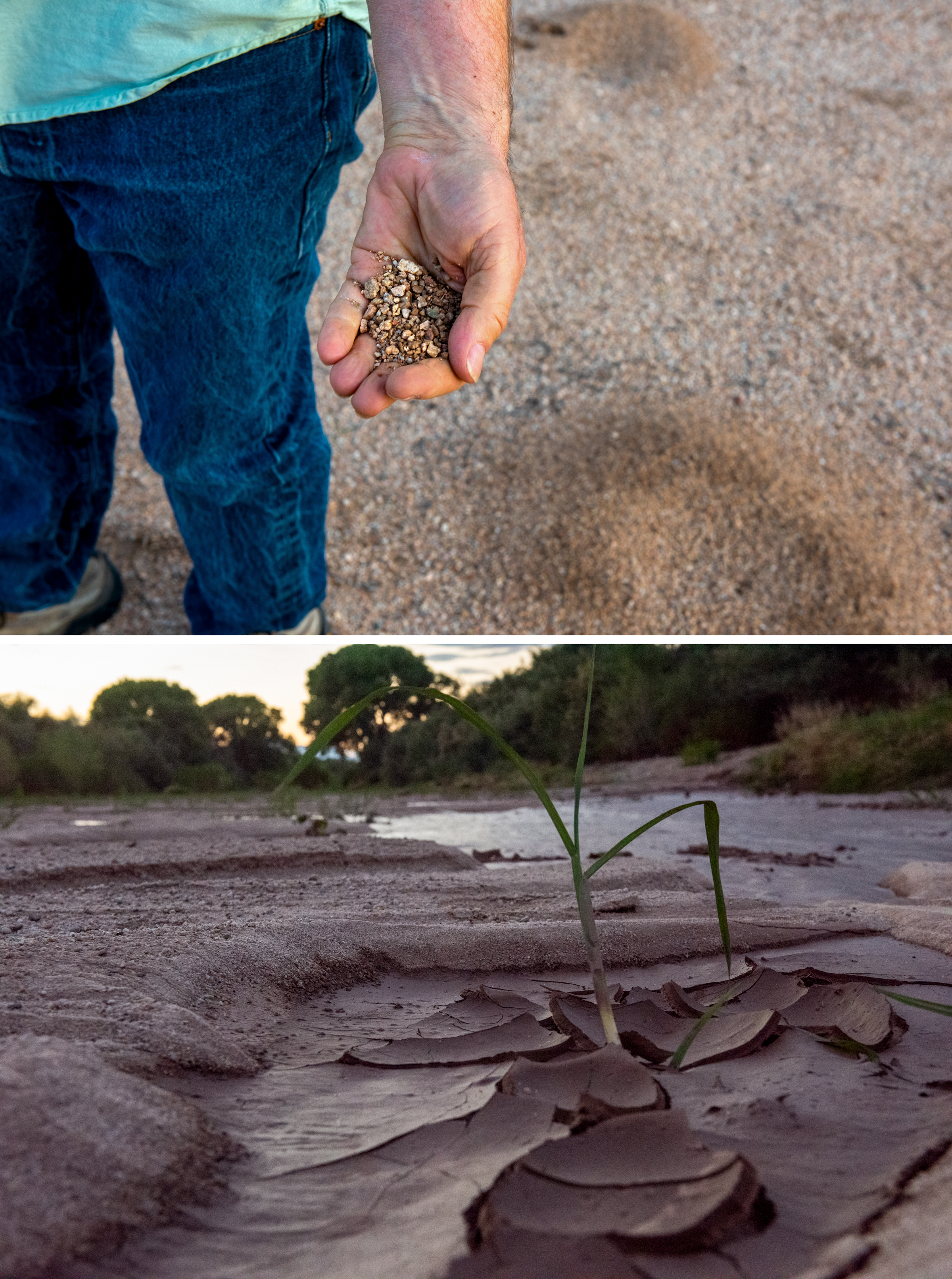 Hydrologist Mark Murphy, top, examines soil at the Villages at Vigneto site. The river bed of the San Pedro, bottom. Photos: Ash Ponders