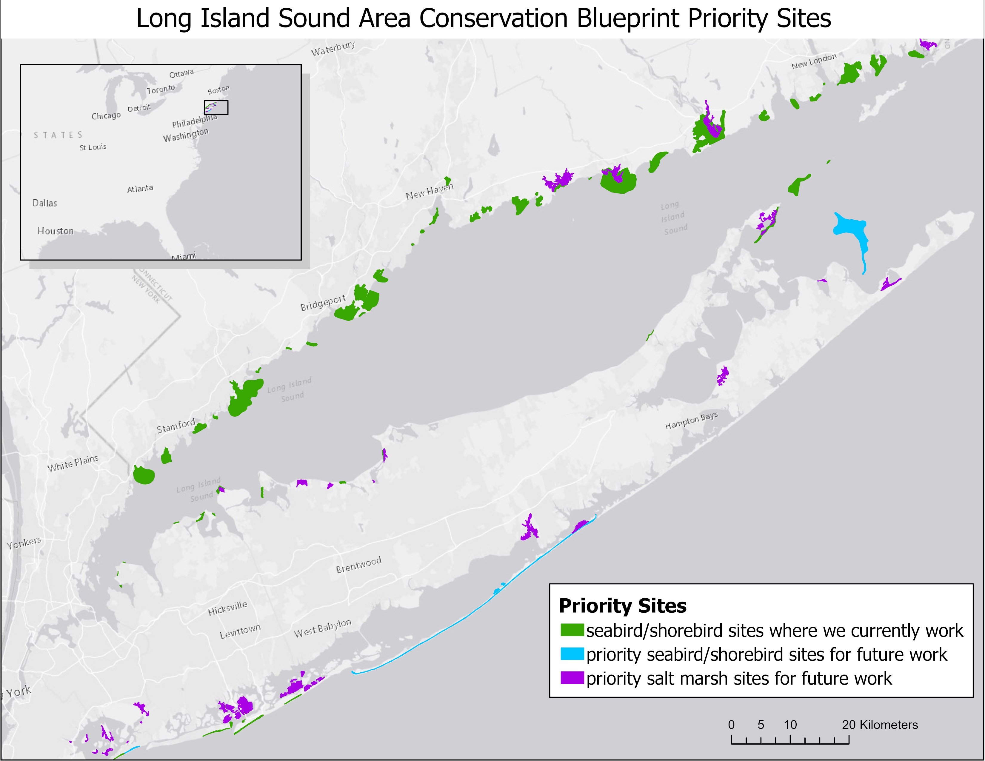 This map shows the sites around the Long Island Sound area where Audubon currently protects sea- and shorebirds, as well as priority sites we identified in our conservation strategy to expand our work in the future. Joanna Grand/Audubon