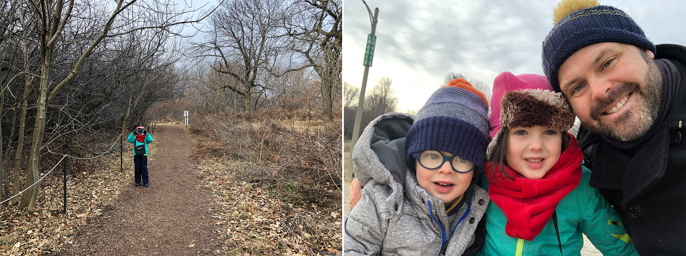 Sporting new binoculars from Santa, the author's kids and husband joined her on the Christmas Day count before eventually retreating to the warmth of their home. Photos: Susan Cosier