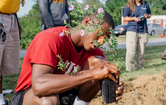 Glen Mills School student Jeremiah Williams helps out with the planting of a rain garden to provide insects for the school's Purple Martin colony. Cole Wilson