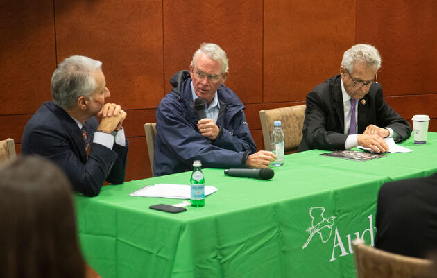 Audubon President and CEO David Yarnold, from left, Rep. Francis Rooney (R-FL), and Rep. Alan Lowenthal (D-CA) lead a briefing at the U.S. Capitol Visitors Center. Luke Franke/Audubon