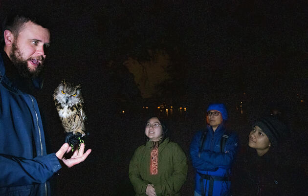Raptor handler John Prucich introduces owl walk attendees to one of his non-releasable Eurasian Hawk Owls. Dominic Arenas/Audubon