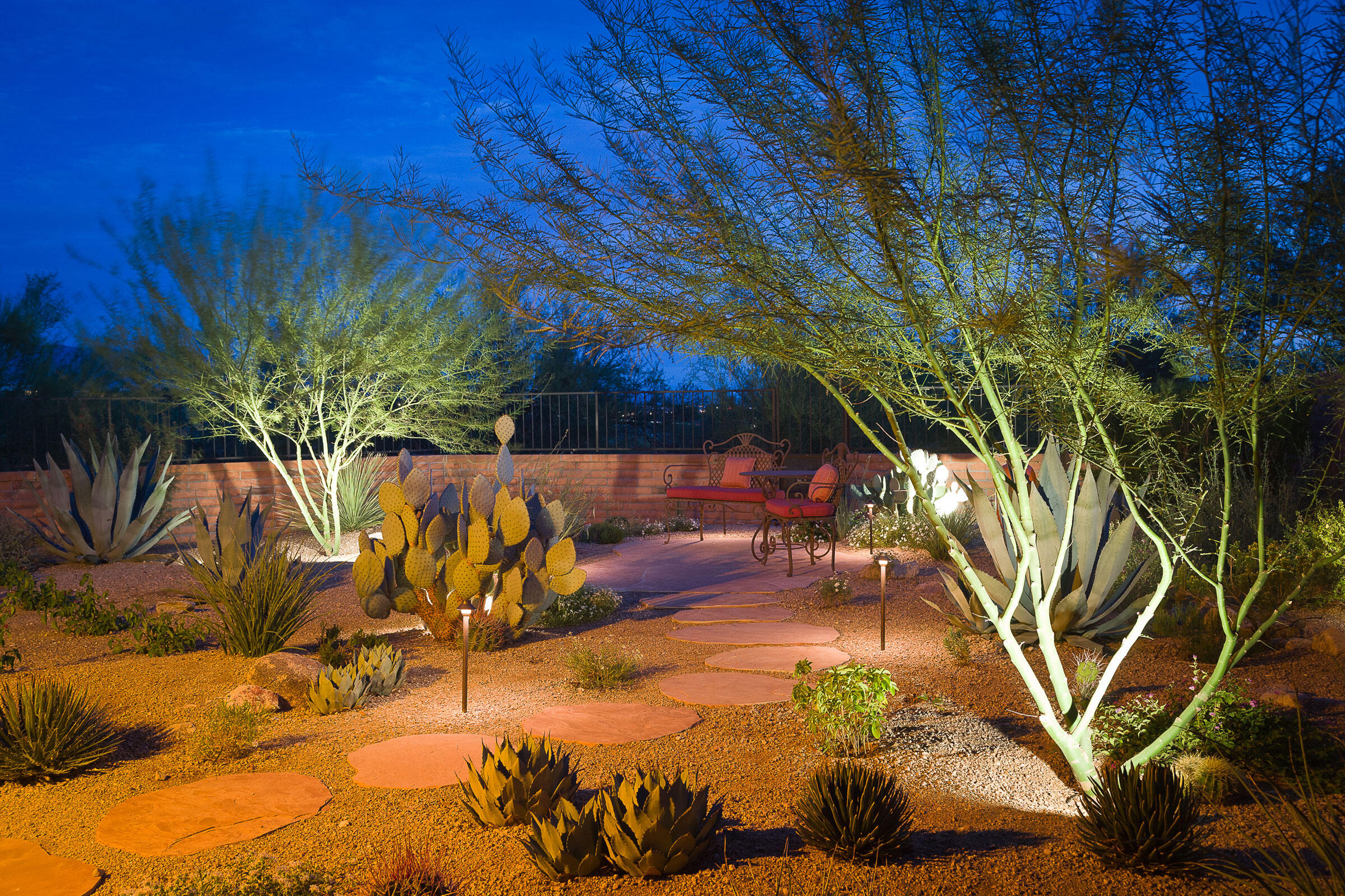 How to Make Your Yard Bird-Friendly, 5 easy step! 4 Sally Heinlein's garden in Tucson, Arizona, boasts agaves, red yucca, and prickly pear cactus. Here it is illuminated at dusk. Mark Turner