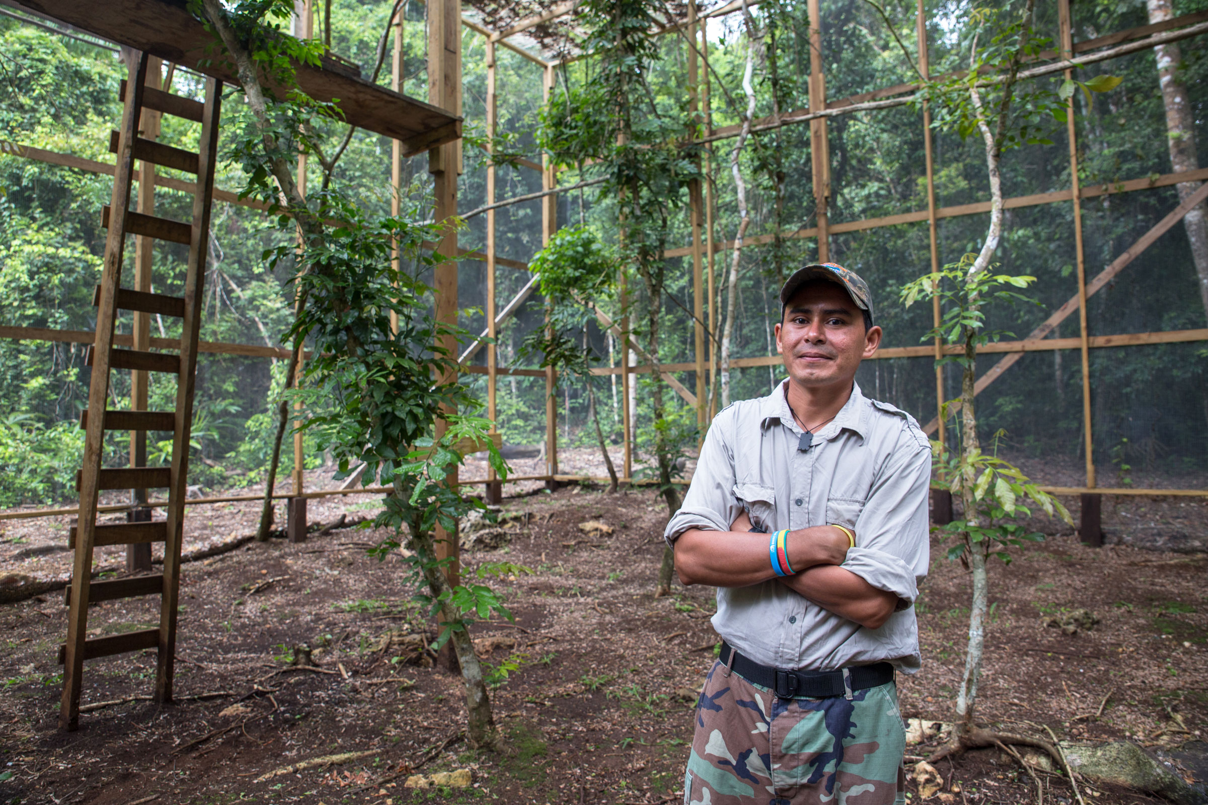 Biologist Boris Arevalo stands in FCD's aviary; macaw chicks graduate to the aviary once they fledge. Camilla Cerea/Audubon