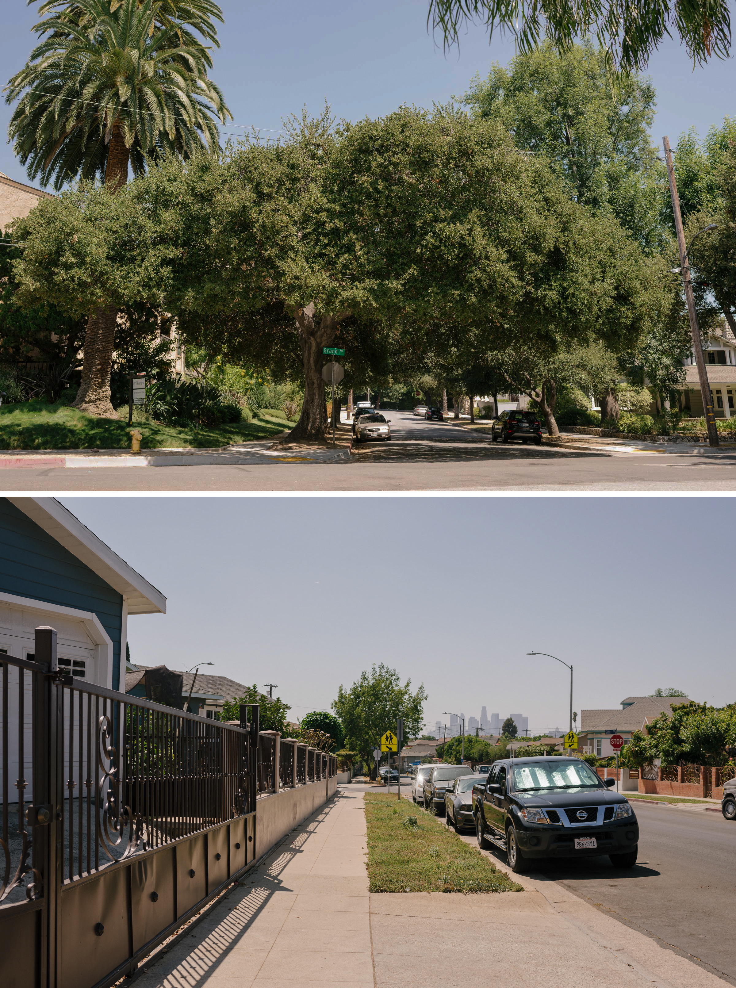 Recent research shows that affluent communities (top) in L.A. county have significantly more and larger street trees than lower-income neighborhoods. Photos: Carmen Chan
